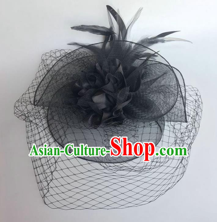 Handmade Vintage Hair Accessories Black Veil Feather Headwear, Halloween Ceremonial Occasions Model Show Headdress
