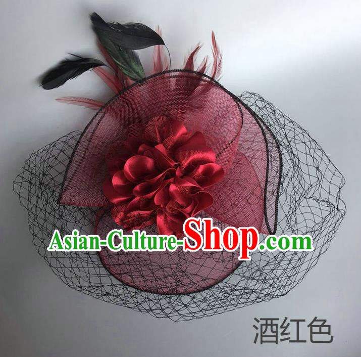 Handmade Vintage Hair Accessories Wine Red Veil Feather Headwear, Halloween Ceremonial Occasions Model Show Headdress