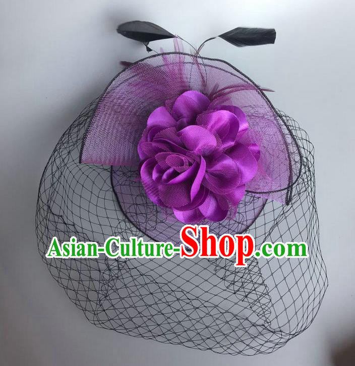 Handmade Vintage Hair Accessories Purple Veil Feather Headwear, Halloween Ceremonial Occasions Model Show Headdress