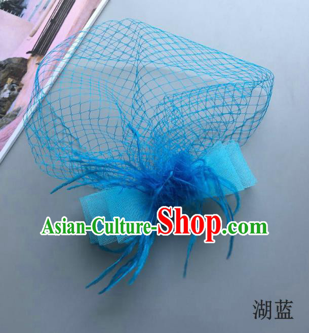 Handmade Vintage Hair Accessories Veil Blue Bowknot Headwear, Bride Ceremonial Occasions Model Show Headdress