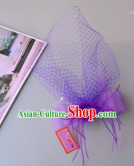 Handmade Vintage Hair Accessories Veil Purple Bowknot Headwear, Bride Ceremonial Occasions Model Show Headdress