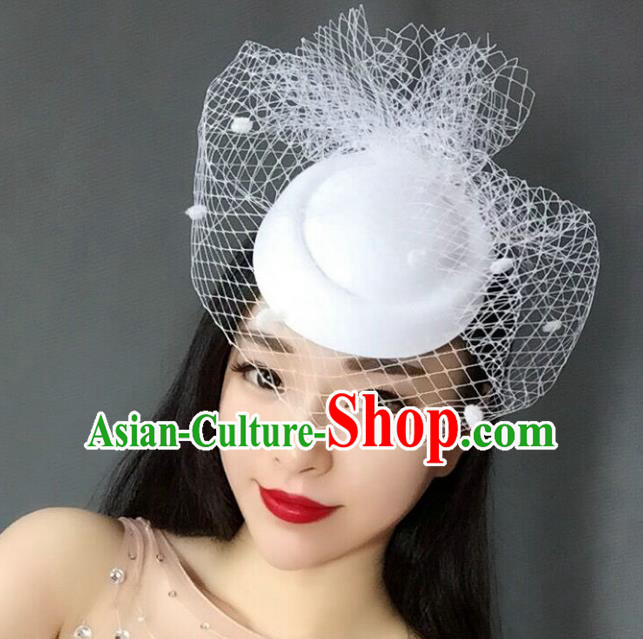 Handmade Vintage Hair Accessories Veil White Top Hat Headwear, Bride Ceremonial Occasions Model Show Headdress