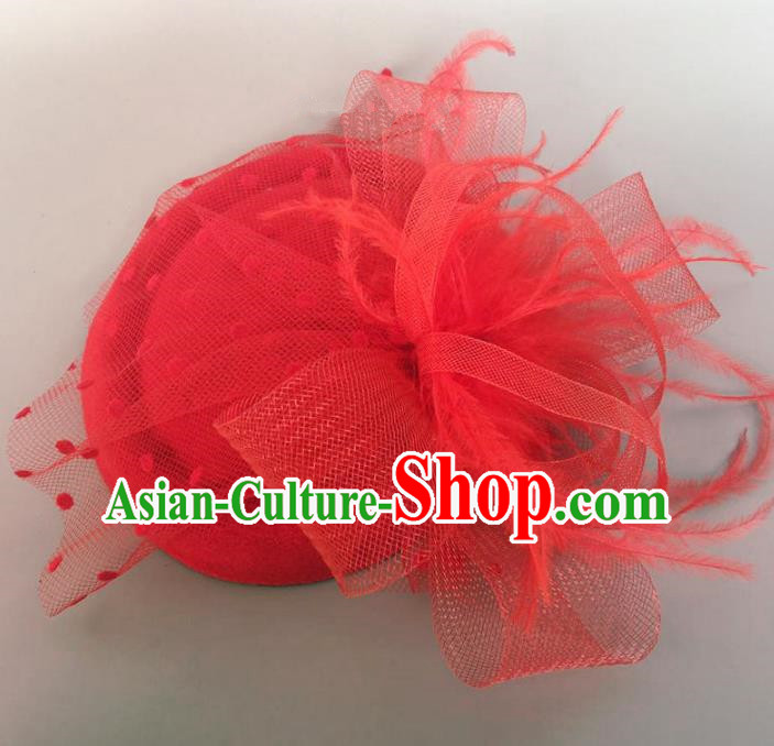 Handmade Vintage Hair Accessories Veil Red Flower Top Hat Headwear, Bride Ceremonial Occasions Model Show Headdress