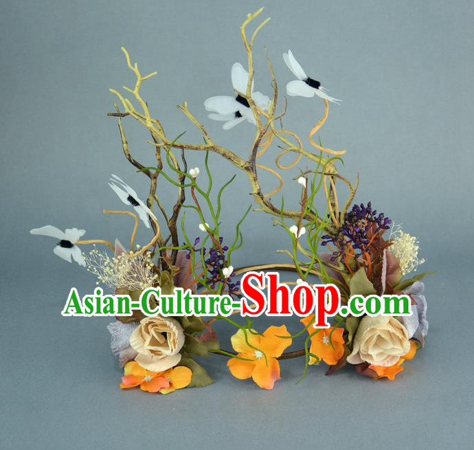 Handmade Exaggerate Fancy Ball Hair Accessories Branch Flowers Headwear, Halloween Ceremonial Occasions Model Show Headdress