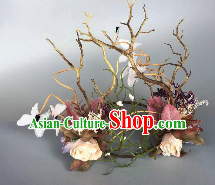 Handmade Exaggerate Fancy Ball Hair Accessories Branch Flowers Butterfly Headwear, Halloween Ceremonial Occasions Model Show Headdress