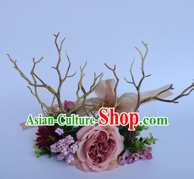 Handmade Exaggerate Fancy Ball Hair Accessories Branch Pink Flowers Headwear, Halloween Ceremonial Occasions Model Show Headdress