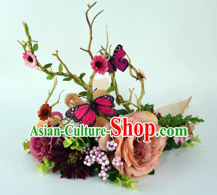 Handmade Exaggerate Fancy Ball Hair Accessories Branch Pink Flowers Butterfly Headwear, Halloween Ceremonial Occasions Model Show Headdress