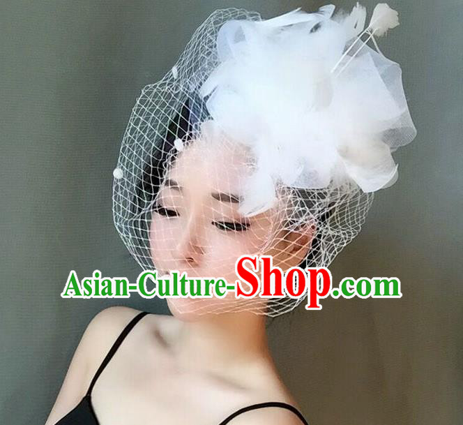 Handmade Wedding Hair Accessories White Veil Feather Top Hat, Bride Ceremonial Occasions Vintage Headwear