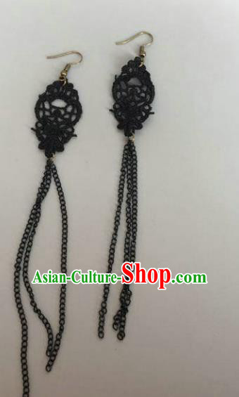 Handmade Wedding Accessories Black Lace Tassel Earrings, Bride Ceremonial Occasions Vintage Eardrop