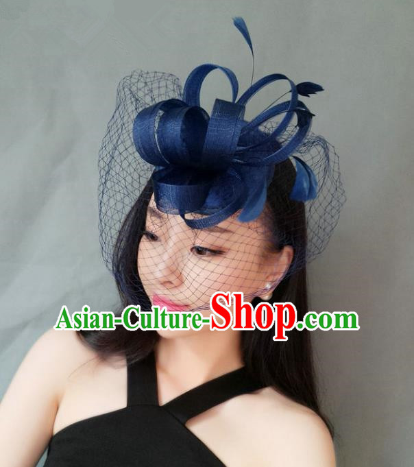 Handmade Wedding Hair Accessories Blue Veil Feather Headwear, Bride Ceremonial Occasions Vintage Top Hat