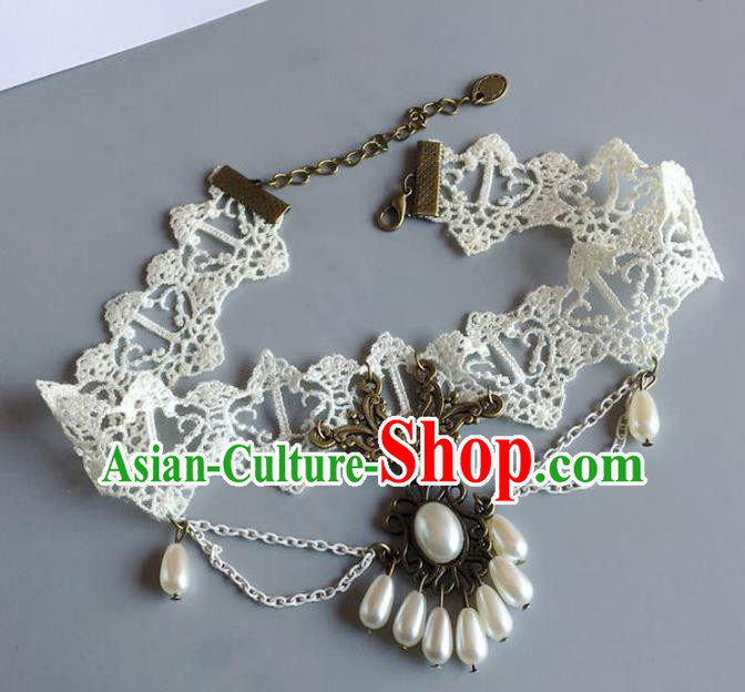 Handmade Wedding Accessories White Lace Pearls Tassel Necklace, Bride Ceremonial Occasions Vintage Necklet for Women