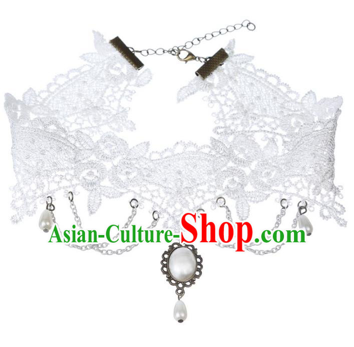 Handmade Wedding Accessories White Lace Pearls Tassel Necklace, Bride Ceremonial Occasions Vintage Necklet for Women