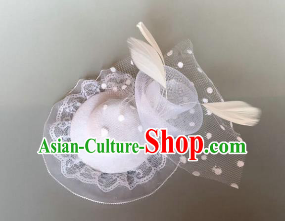 Handmade Baroque Hair Accessories White Veil Headwear, Bride Ceremonial Occasions Vintage Feather Top Hat for Women