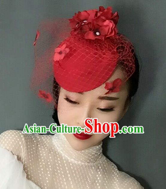 Handmade Baroque Hair Accessories Red Veil Flowers Headwear, Bride Ceremonial Occasions Vintage Top Hat for Women