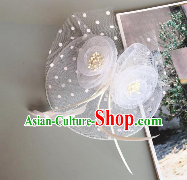 Handmade Baroque Wedding Hair Accessories White Veil Flowers Headwear, Bride Ceremonial Occasions Vintage Hair Clasp for Women