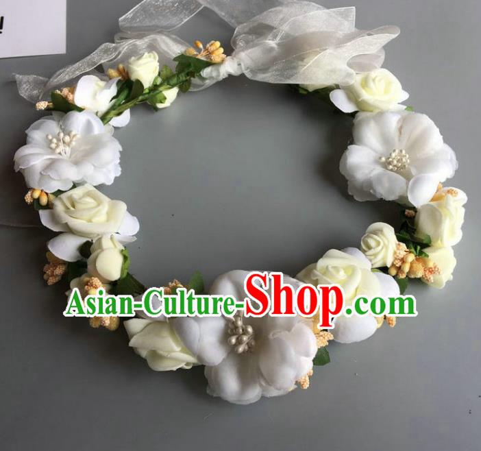 Handmade Baroque Wedding Hair Accessories White Flowers Garland Headwear, Bride Ceremonial Occasions Vintage Hair Clasp for Women