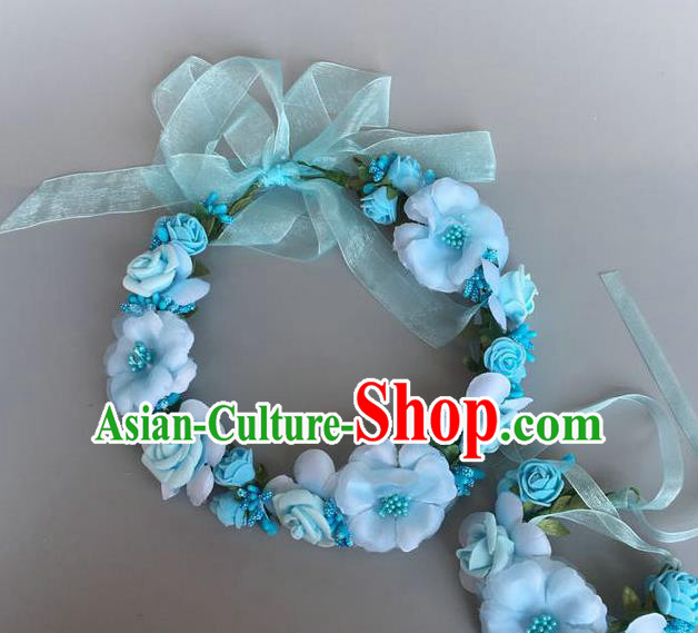 Handmade Baroque Wedding Hair Accessories Blue Flowers Garland Headwear, Bride Ceremonial Occasions Vintage Hair Clasp for Women