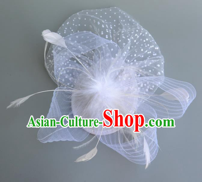 Handmade Baroque Wedding Hair Accessories White Veil Feather Headwear, Bride Ceremonial Occasions Vintage Top Hat for Women