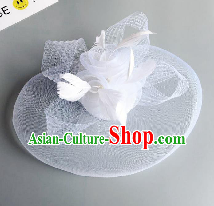 Handmade Baroque Wedding Hair Accessories White Veil Feather Headwear, Bride Ceremonial Occasions Vintage Top Hat for Women