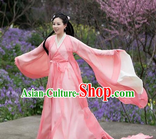 Traditional Chinese Ancient Peri Embroidered Costume, China Ten great III of peach blossom Princess Fairy Pink Dress Clothing