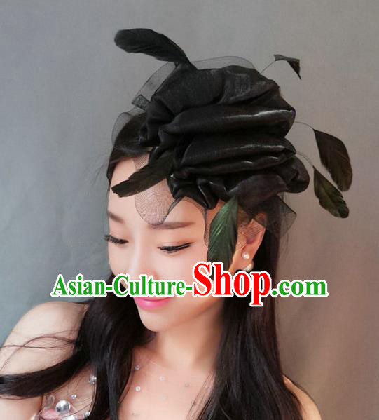 Handmade Baroque Hair Accessories Model Show Black Feather Hair Stick, Bride Ceremonial Occasions Headwear for Women