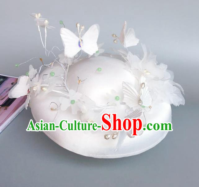 Handmade Baroque Hair Accessories Model Show White Butterfly Top Hat, Bride Ceremonial Occasions Headwear for Women