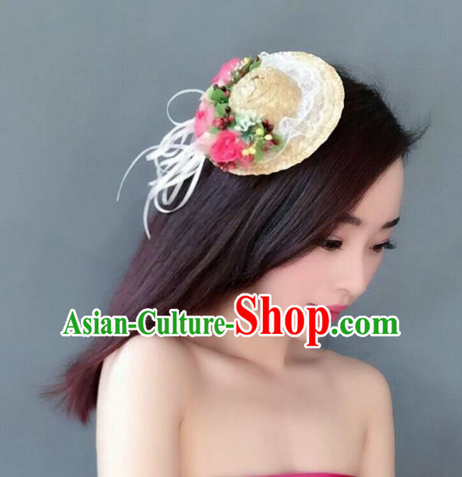 Handmade Baroque Hair Accessories Model Show Flowers Straw Hats, Bride Ceremonial Occasions Headwear for Women