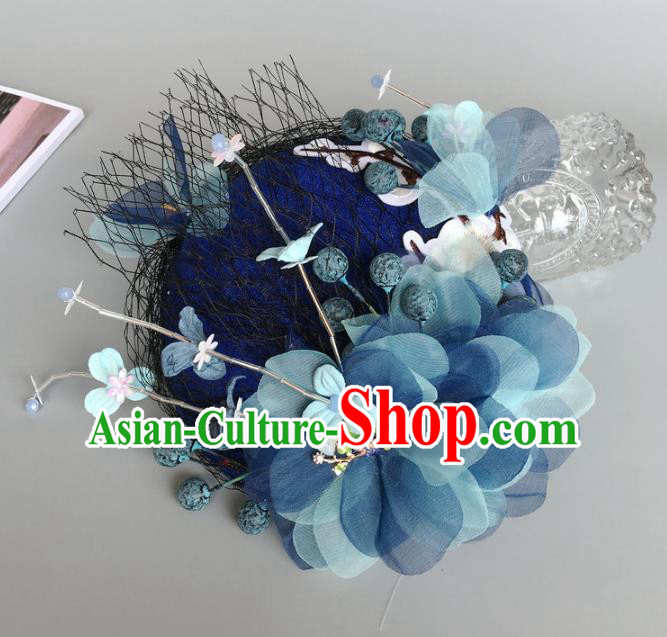 Handmade Baroque Wedding Hair Accessories Blue Flowers Headwear, Bride Ceremonial Occasions Vintage Top Hat for Women