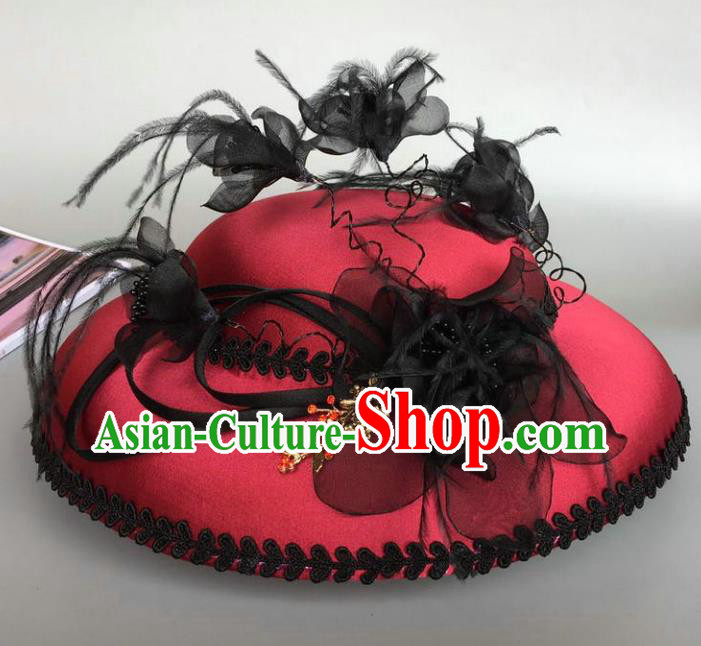 Top Grade Handmade Wedding Hair Accessories Feather Red Top Hat, Baroque Style Bride Headdress for Women