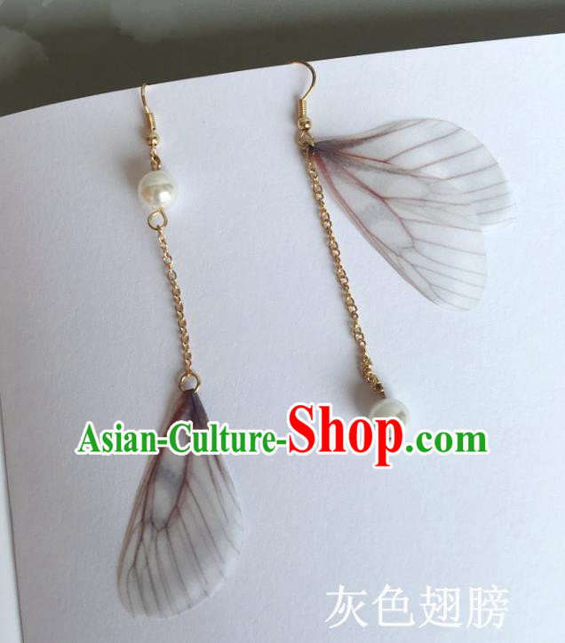 Handmade Wedding Accessories Grey Wing Earrings, Bride Ceremonial Occasions Pearl Tassel Eardrop for Women