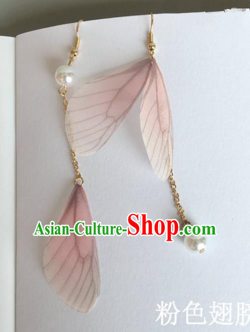 Handmade Wedding Accessories Pink Wing Earrings, Bride Ceremonial Occasions Pearl Tassel Eardrop for Women