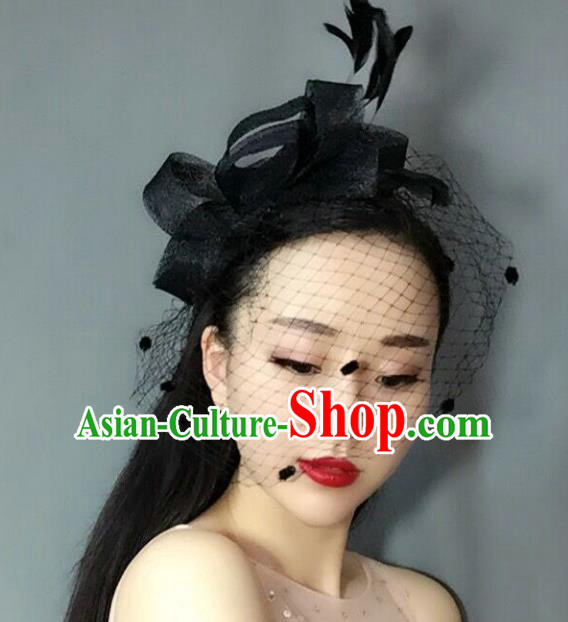 Handmade Baroque Hair Accessories Black Feather Headwear, Bride Ceremonial Occasions Veil Hat for Women
