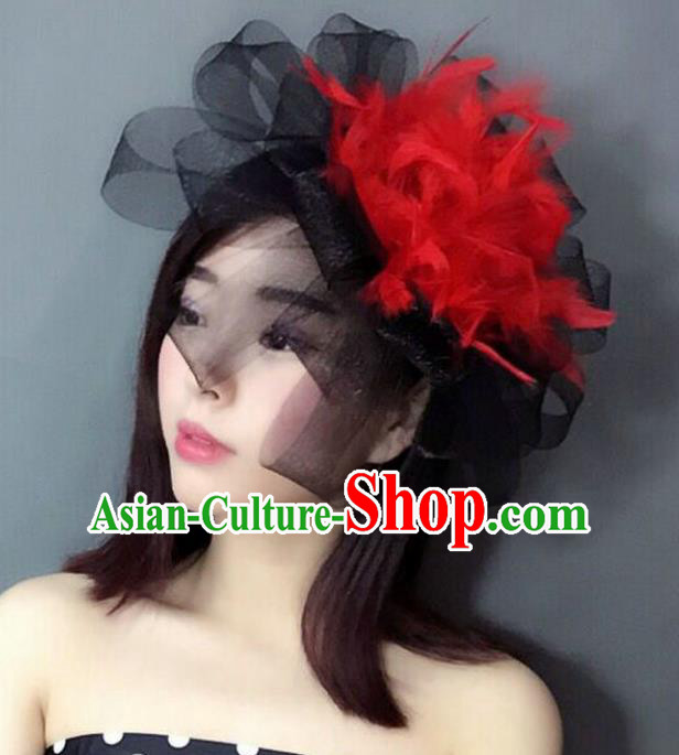 Handmade Baroque Hair Accessories Red Feather Headwear, Bride Ceremonial Occasions Top Hat for Women