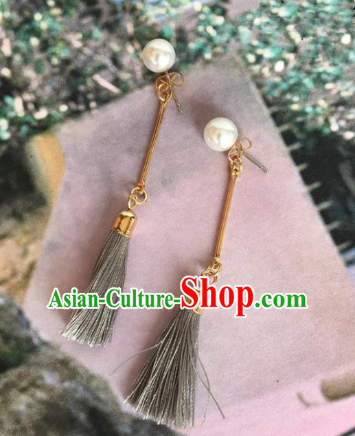 Handmade Wedding Accessories Grey Tassel Earrings, Bride Ceremonial Occasions Vintage Eardrop for Women