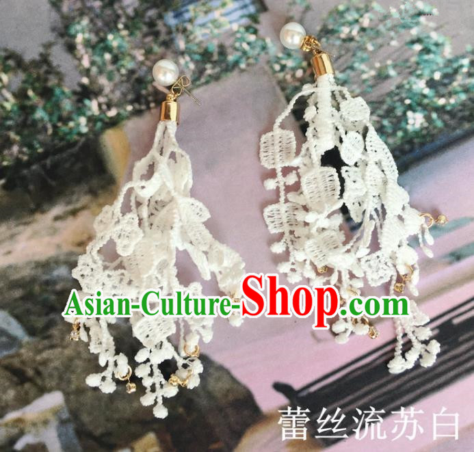 Handmade Wedding Accessories Tassel Earrings, Bride Ceremonial Occasions Vintage White Lace Eardrop for Women