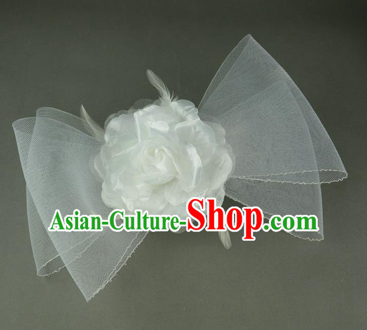 Handmade Baroque Hair Accessories White Veil Bowknot Headwear, Bride Ceremonial Occasions Hair Stick for Kids