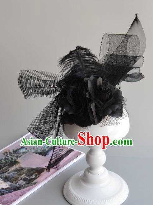 Top Grade Handmade Wedding Hair Accessories Black Veil Headwear, Baroque Style Bride Feather Hair Stick for Women
