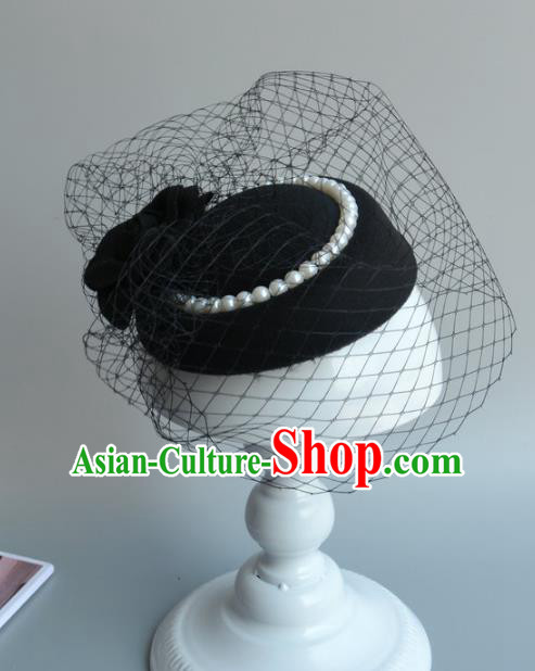 Top Grade Handmade Wedding Hair Accessories Black Veil Headwear, Baroque Style Bride Pearls Top Hat for Women
