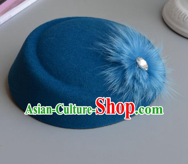 Top Grade Handmade Wedding Hair Accessories Bride Headwear, Baroque Style Blue Crystal Top Hat for Women
