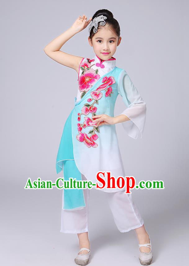 Traditional Chinese Classical Yangge Fan Dance Costume, Children Folk Dance Uniform Yangko Green Embroidery Clothing for Kids