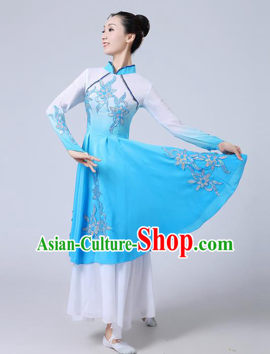 Traditional Chinese Classical Yangge Fan Dance Embroidered Costume, Folk Dance Uniform Classical Dance Blue Clothing for Women