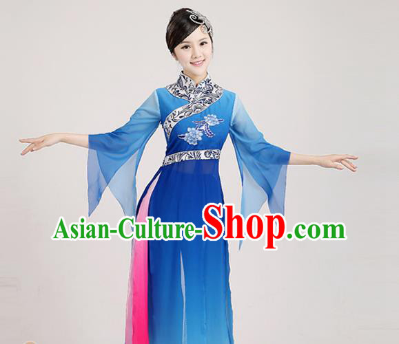 Traditional Chinese Classical Yangge Dance Embroidered Costume, Folk Fan Dance Uniform Classical Dance Blue Clothing for Women