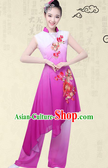 Traditional Chinese Classical Yangge Fan Dance Embroidered Costume, Folk Dance Uniform Classical Dance Purple Clothing for Women