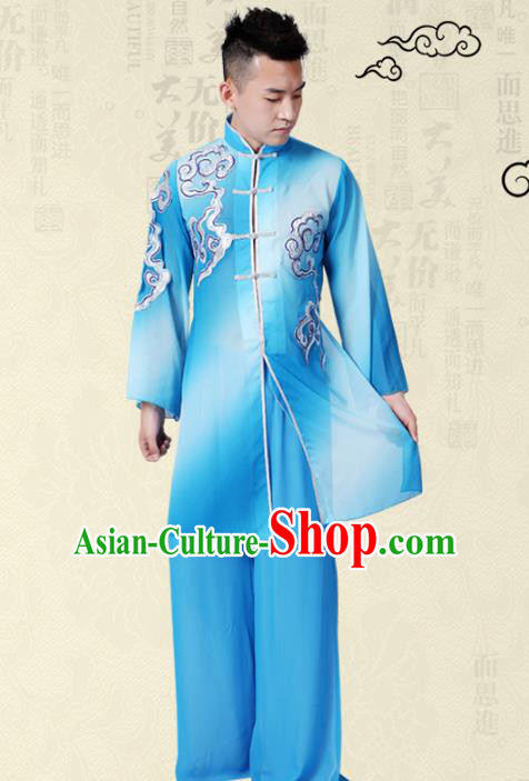 Traditional Chinese Classical Yangge Fan Dance Costume, Folk Dance Uniform Drum Dance Blue Clothing for Men