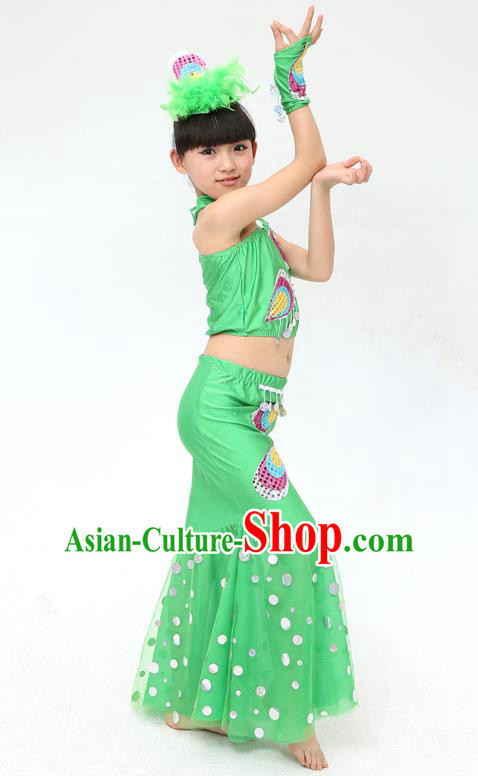 Traditional Chinese Dai Nationality Peacock Dance Green Costume, Folk Dance Ethnic Pavane Clothing Minority Dance Dress for Kids
