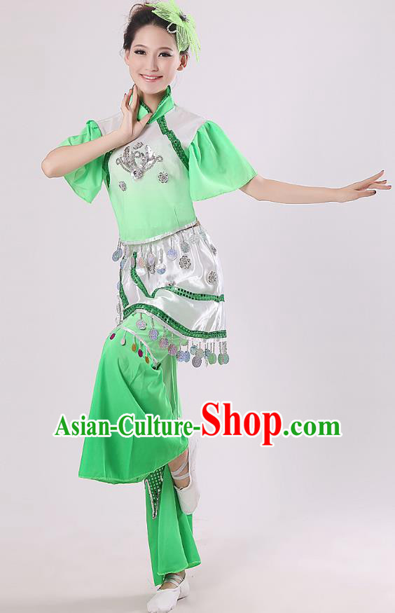 Traditional Chinese Yangge Fan Dance Mandarin Sleeve Costume, Folk Umbrella Dance Green Uniform Classical Dance Clothing for Women