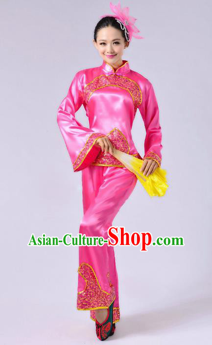Traditional Chinese Yangge Fan Dance Mandarin Sleeve Satin Costume, Folk Dance Pink Uniform Classical Dance Clothing for Women