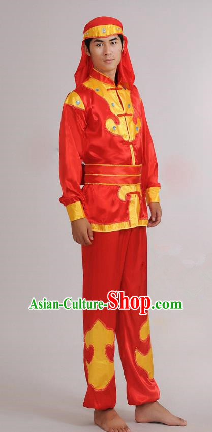 Traditional Chinese Classical Yangge Dance Embroidered Costume, Folk Lion Dance Uniform Drum Dance Red Clothing for Men