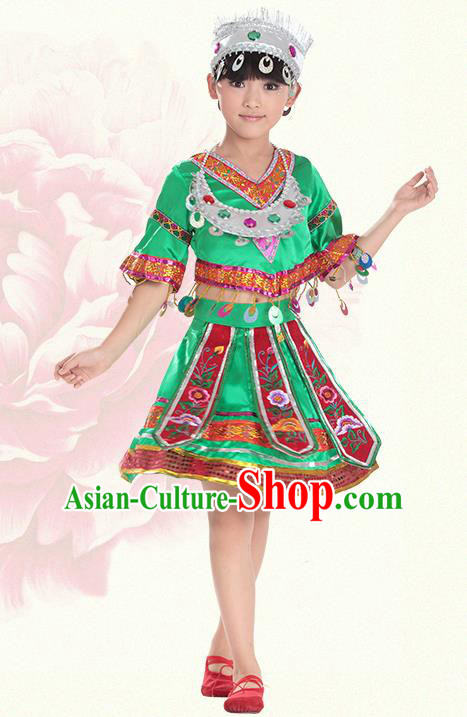 Traditional Chinese Miao Nationality Dance Costume, Hmong Children Folk Dance Ethnic Green Pleated Skirt Embroidery Clothing for Kids