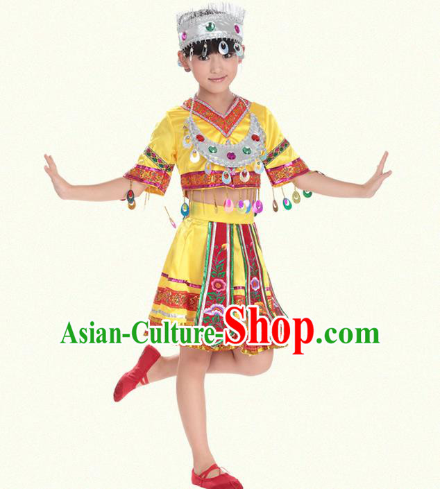 Traditional Chinese Miao Nationality Dance Costume, Hmong Children Folk Dance Ethnic Yellow Pleated Skirt Embroidery Clothing for Kids